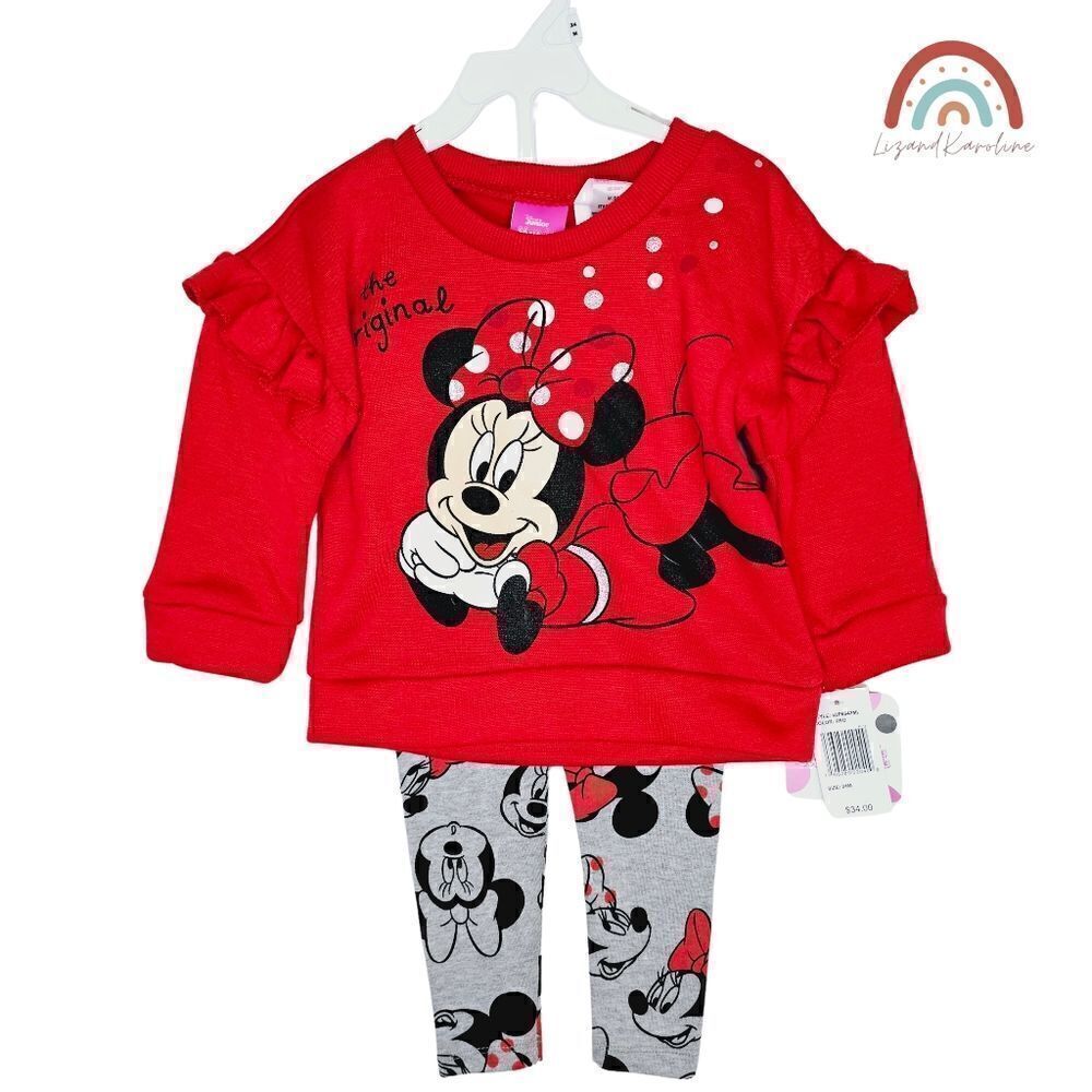 New! Disney Minnie Mouse Ruffle Sweatshirt Leggings Baby Girl Matching Set